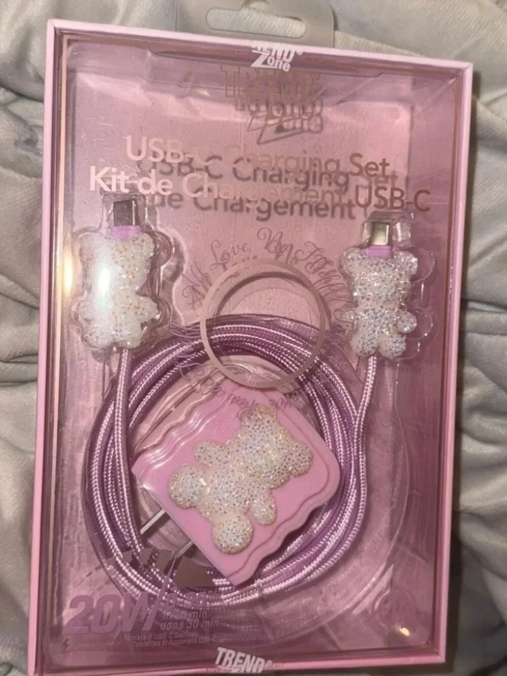NWT Pink Holographic Rhinestone Teddy Bear USB-C Charger Set w/ Plug